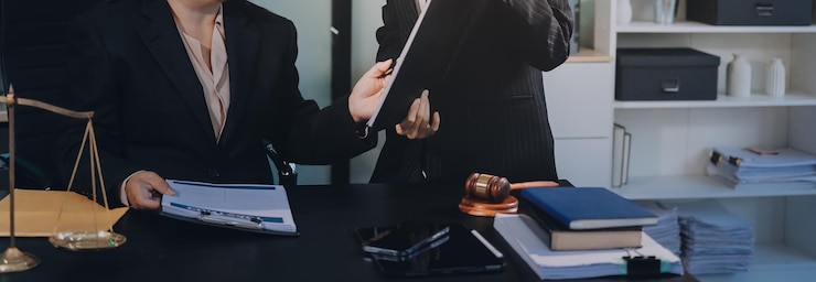 Two people in suits at a desk with a document folder, with a gavel, a set of scales and stacks of files beside them
