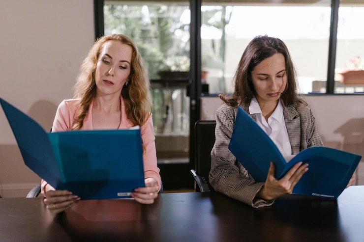 Two women seated side by side at a long table, each reading from a blue folder