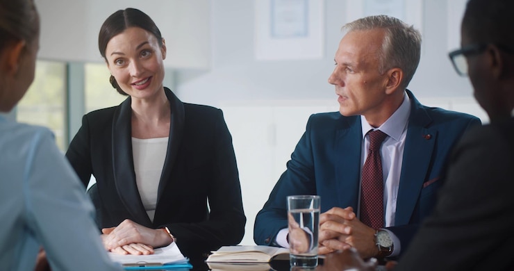 A woman and a man in business clothes speaking across a table in a bright meeting room, a glass of water in front of them